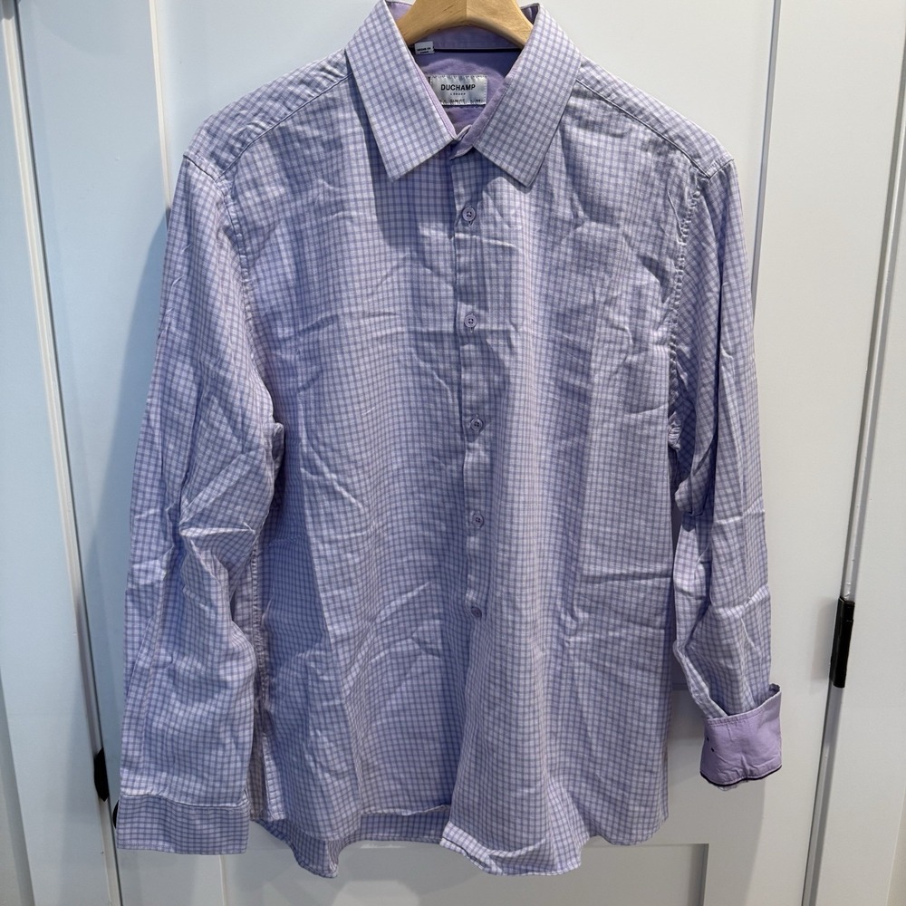 Duchamp London Mens Long Sleeve Slim Fit DressShirt Cotton Purple Gingham 17.5XL